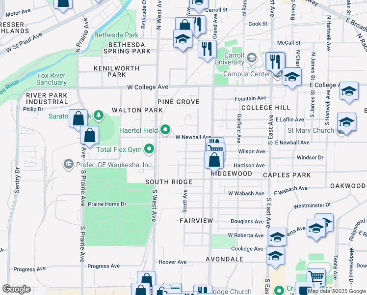 map of restaurants, bars, coffee shops, grocery stores, and more near 318 Scott Avenue in Waukesha