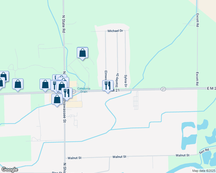 map of restaurants, bars, coffee shops, grocery stores, and more near 110 Elmwood Drive in Corunna
