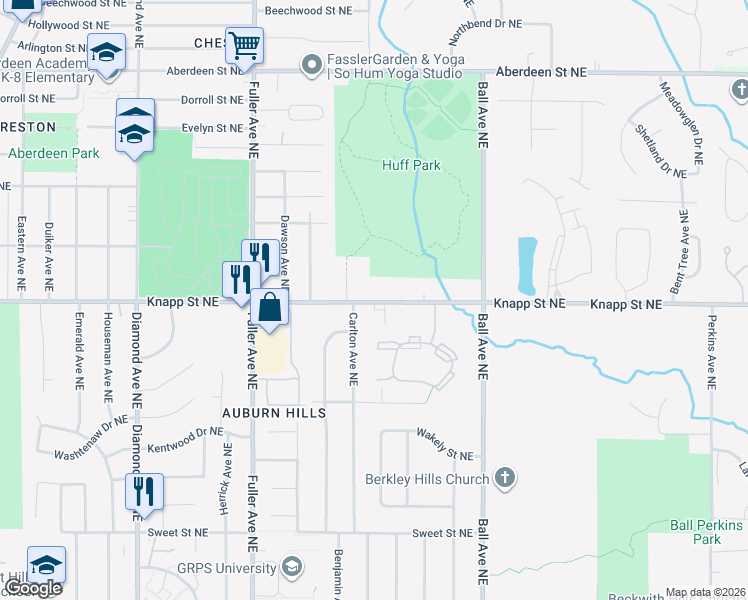 map of restaurants, bars, coffee shops, grocery stores, and more near 1435 Lewison Avenue Northeast in Grand Rapids