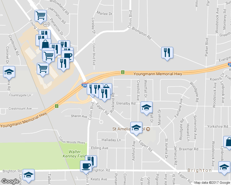 map of restaurants, bars, coffee shops, grocery stores, and more near 89 Rockland Road in Tonawanda