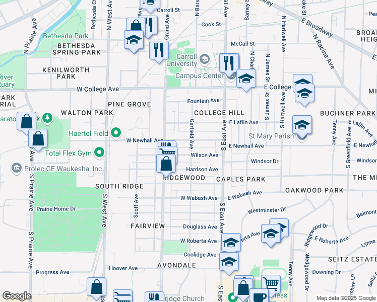 map of restaurants, bars, coffee shops, grocery stores, and more near 320 Garfield Avenue in Waukesha