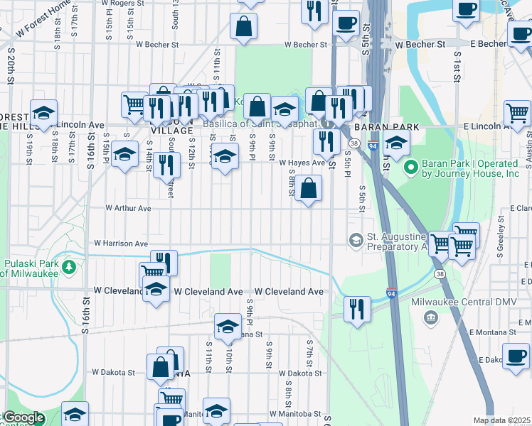 map of restaurants, bars, coffee shops, grocery stores, and more near 2501 South 9th Street in Milwaukee