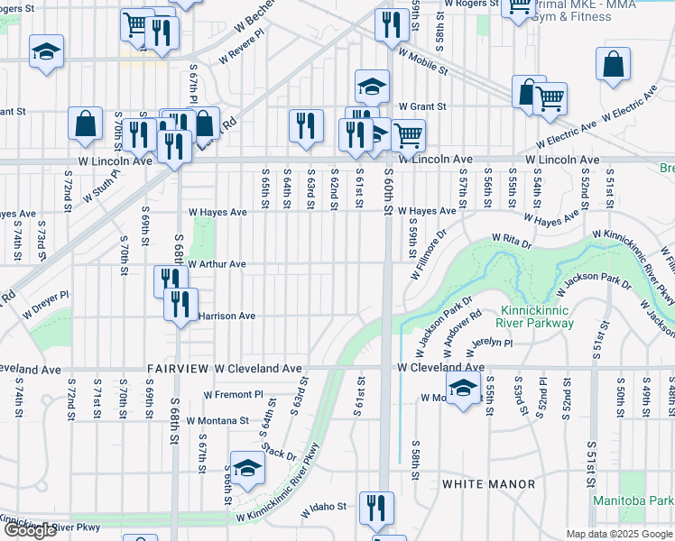 map of restaurants, bars, coffee shops, grocery stores, and more near 6133 West Arthur Avenue in West Allis