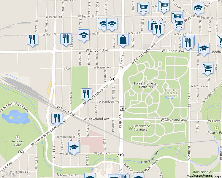 map of restaurants, bars, coffee shops, grocery stores, and more near 2517 S 28th St in Milwaukee
