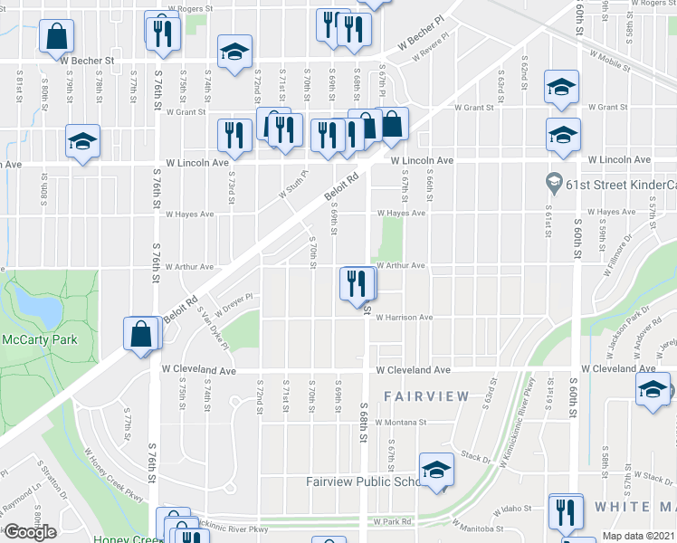 map of restaurants, bars, coffee shops, grocery stores, and more near 6845 West Arthur Avenue in West Allis
