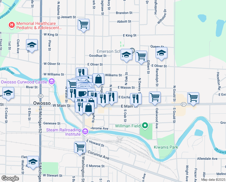 map of restaurants, bars, coffee shops, grocery stores, and more near 216 North Hickory Street in Owosso