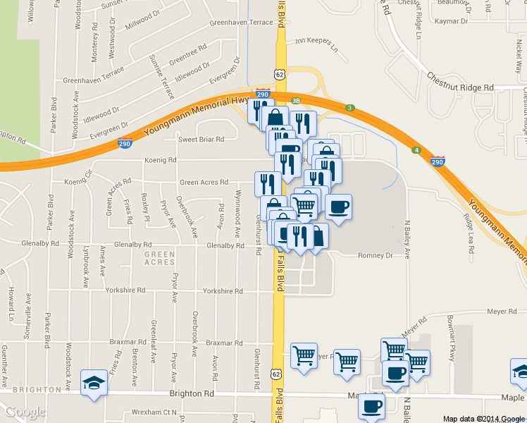 map of restaurants, bars, coffee shops, grocery stores, and more near 295 Glenhurst Rd in Tonawanda