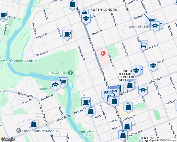 map of restaurants, bars, coffee shops, grocery stores, and more near Grosvenor Street & Saint George Street in London