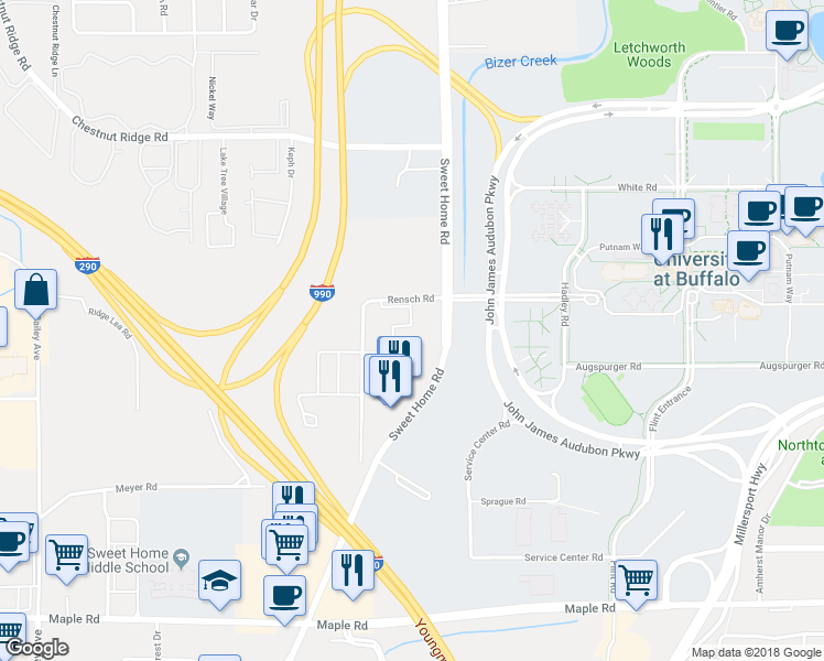 map of restaurants, bars, coffee shops, grocery stores, and more near 4145 Rensch Road in Buffalo