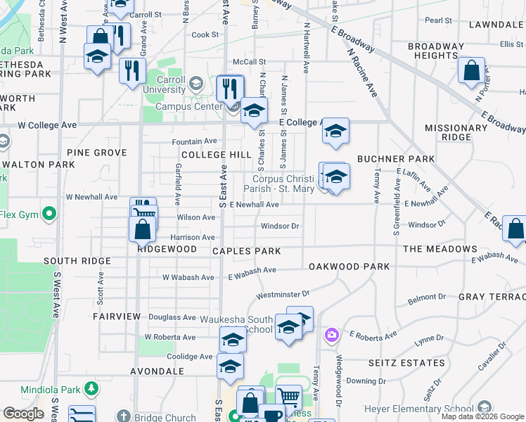 map of restaurants, bars, coffee shops, grocery stores, and more near 315 South Charles Street in Waukesha