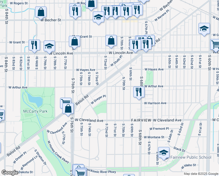 map of restaurants, bars, coffee shops, grocery stores, and more near 2502 South 72nd Street in West Allis