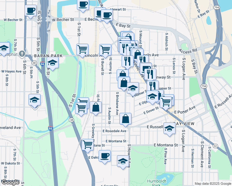 map of restaurants, bars, coffee shops, grocery stores, and more near 327 East Clarence Street in Milwaukee