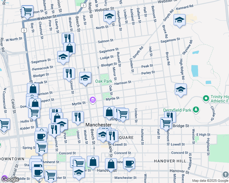 map of restaurants, bars, coffee shops, grocery stores, and more near 211 Prospect Street in Manchester