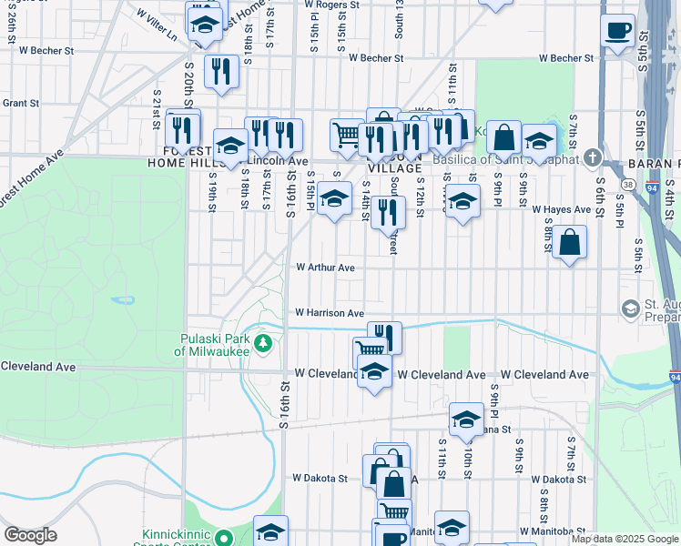 map of restaurants, bars, coffee shops, grocery stores, and more near 1435 West Arthur Avenue in Milwaukee