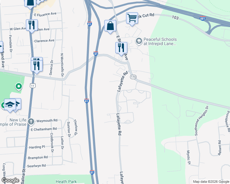 map of restaurants, bars, coffee shops, grocery stores, and more near 154 Lafayette Road in Syracuse