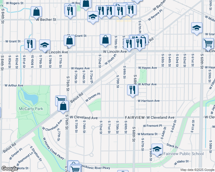 map of restaurants, bars, coffee shops, grocery stores, and more near 2502 South 72nd Street in West Allis