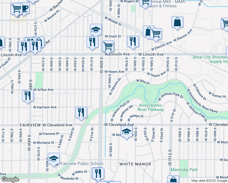 map of restaurants, bars, coffee shops, grocery stores, and more near 5847 West Fillmore Drive in West Allis