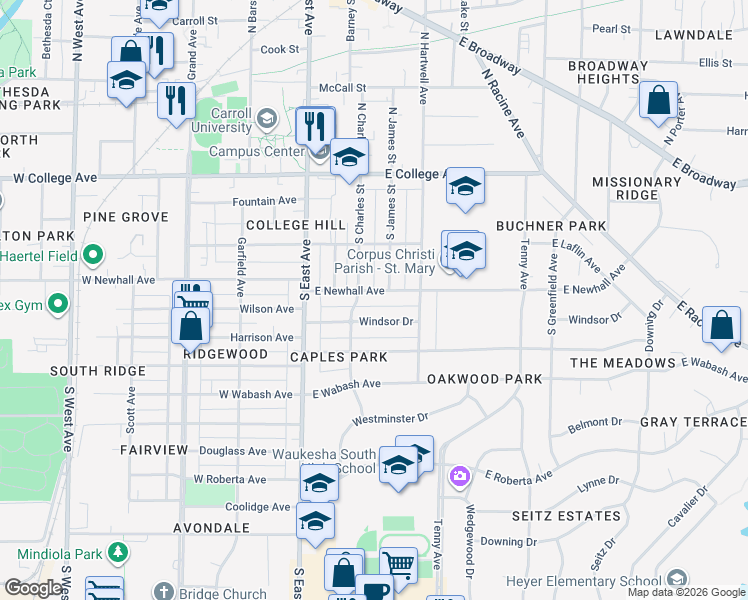 map of restaurants, bars, coffee shops, grocery stores, and more near 313 East Newhall Avenue in Waukesha