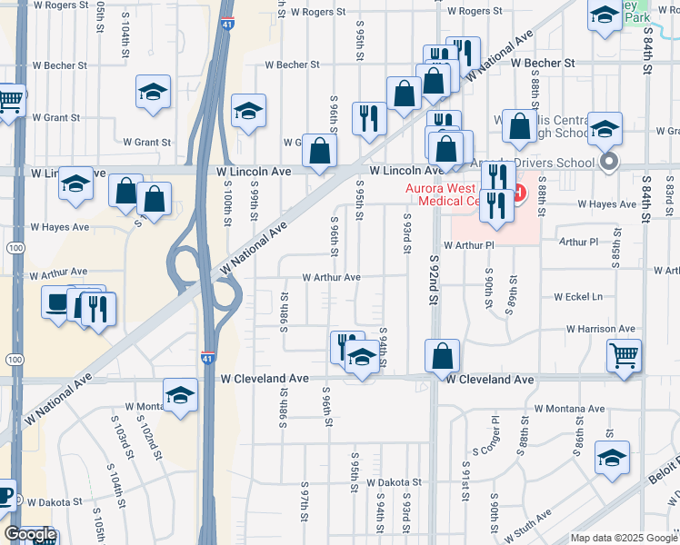 map of restaurants, bars, coffee shops, grocery stores, and more near 9526 West Arthur Avenue in West Allis