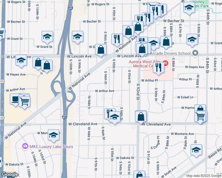 map of restaurants, bars, coffee shops, grocery stores, and more near 2482 South 95th Street in West Allis