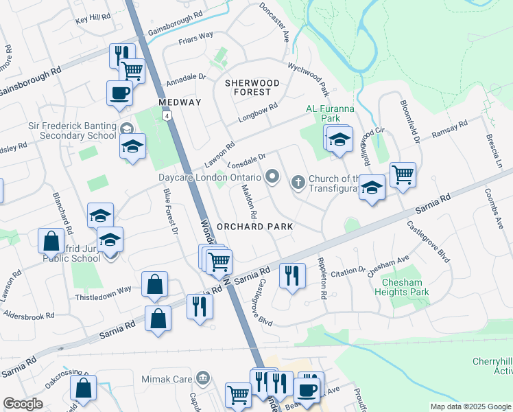map of restaurants, bars, coffee shops, grocery stores, and more near 15 Maldon Road in London