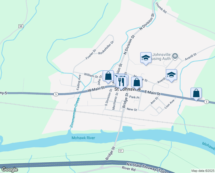 map of restaurants, bars, coffee shops, grocery stores, and more near West Main Street in Saint Johnsville