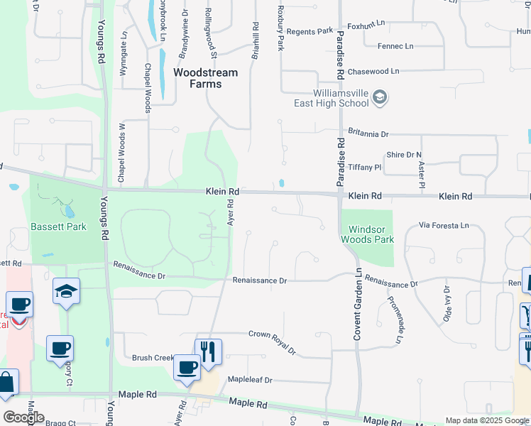 map of restaurants, bars, coffee shops, grocery stores, and more near 85 Galileo Drive in Buffalo