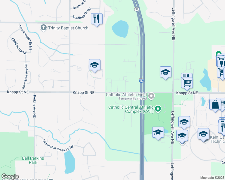 map of restaurants, bars, coffee shops, grocery stores, and more near 2453 Knapp Street Northeast in Grand Rapids