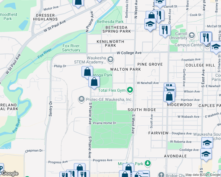 map of restaurants, bars, coffee shops, grocery stores, and more near 314 Walton Avenue in Waukesha