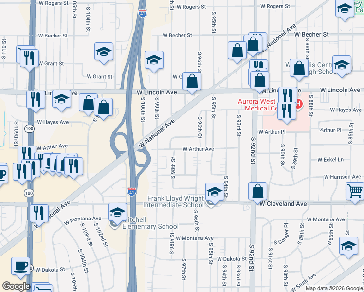 map of restaurants, bars, coffee shops, grocery stores, and more near 9706 West Arthur Avenue in West Allis