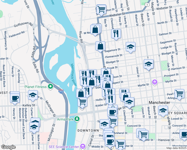 map of restaurants, bars, coffee shops, grocery stores, and more near 83 Langdon Street in Manchester