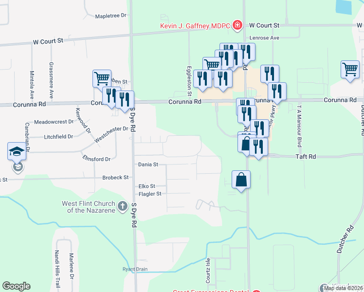 map of restaurants, bars, coffee shops, grocery stores, and more near 5191 Woodhaven Court in Flint
