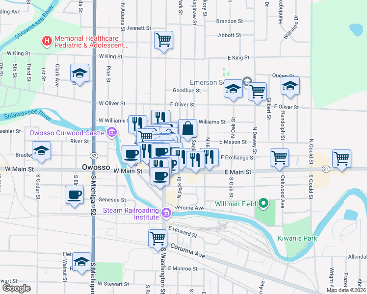 map of restaurants, bars, coffee shops, grocery stores, and more near 120 East Mason Street in Owosso