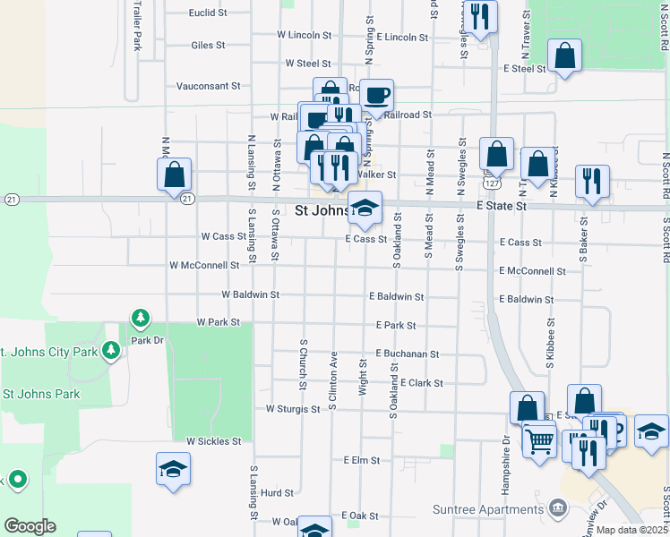 map of restaurants, bars, coffee shops, grocery stores, and more near 104 East McConnel Street in Saint Johns