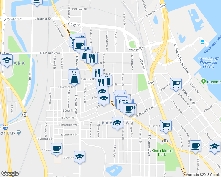 map of restaurants, bars, coffee shops, grocery stores, and more near 2523 South Williams Street in Milwaukee