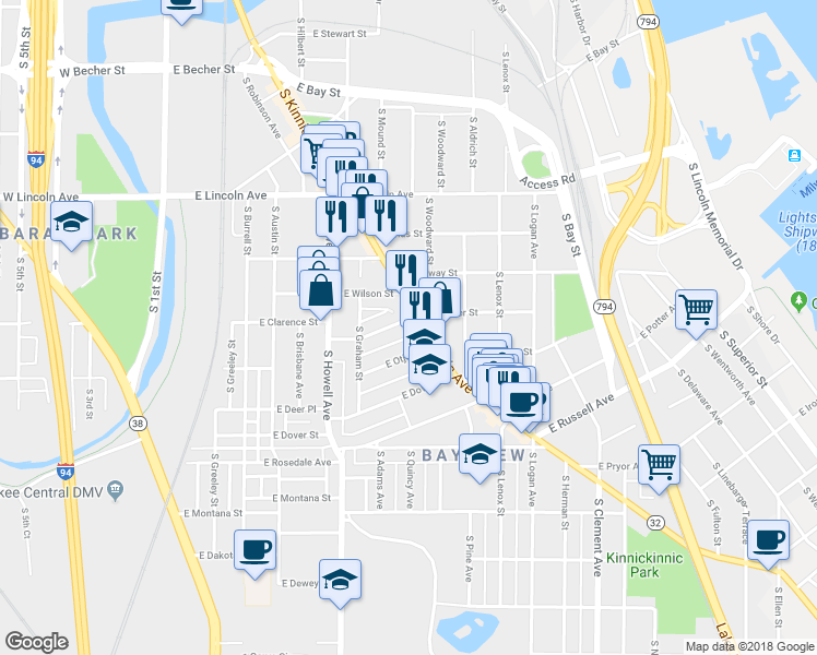 map of restaurants, bars, coffee shops, grocery stores, and more near 2513 South Kinnickinnic Avenue in Milwaukee