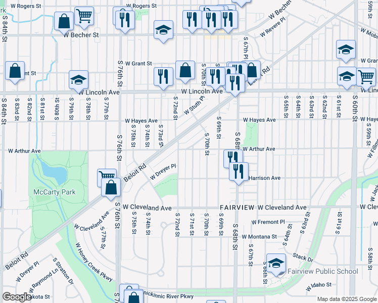 map of restaurants, bars, coffee shops, grocery stores, and more near 2502 South 72nd Street in West Allis