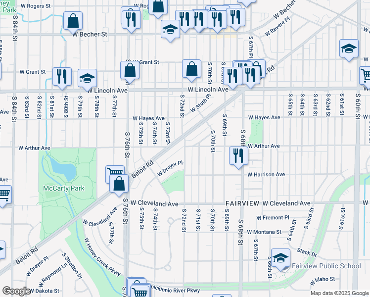 map of restaurants, bars, coffee shops, grocery stores, and more near 2502 South 72nd Street in West Allis