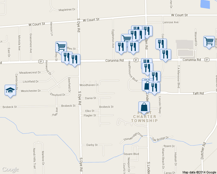 map of restaurants, bars, coffee shops, grocery stores, and more near 5191 Woodhaven Court in Flint