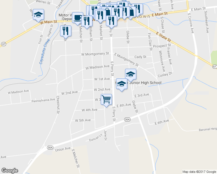 map of restaurants, bars, coffee shops, grocery stores, and more near 3 West 2nd Avenue in Johnstown