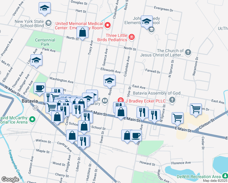 map of restaurants, bars, coffee shops, grocery stores, and more near 96 Ross Street in Batavia