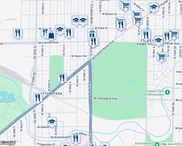 map of restaurants, bars, coffee shops, grocery stores, and more near 2520 South 27th Street in Milwaukee