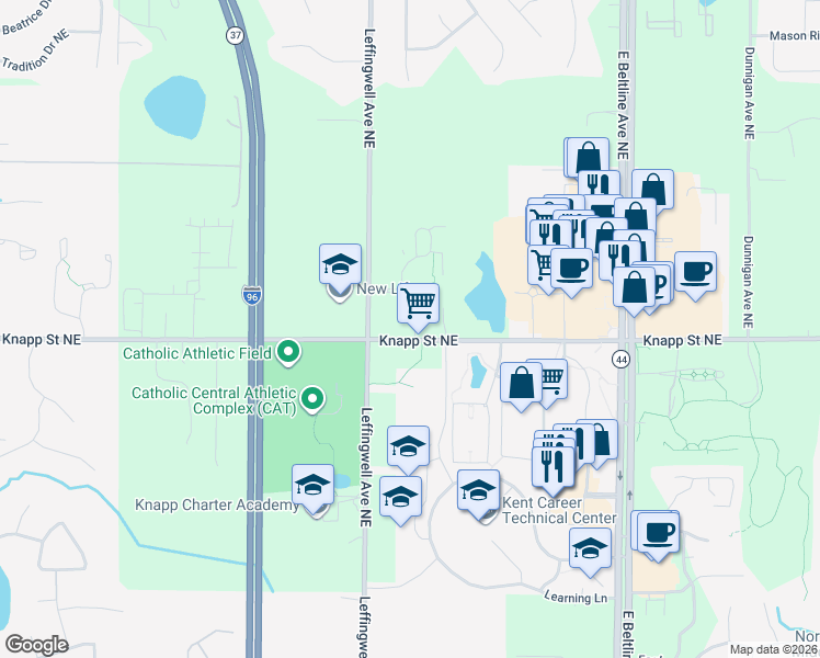 map of restaurants, bars, coffee shops, grocery stores, and more near 2029 Celadon Drive Northeast in Grand Rapids