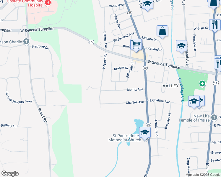 map of restaurants, bars, coffee shops, grocery stores, and more near 308 Merritt Avenue in Syracuse