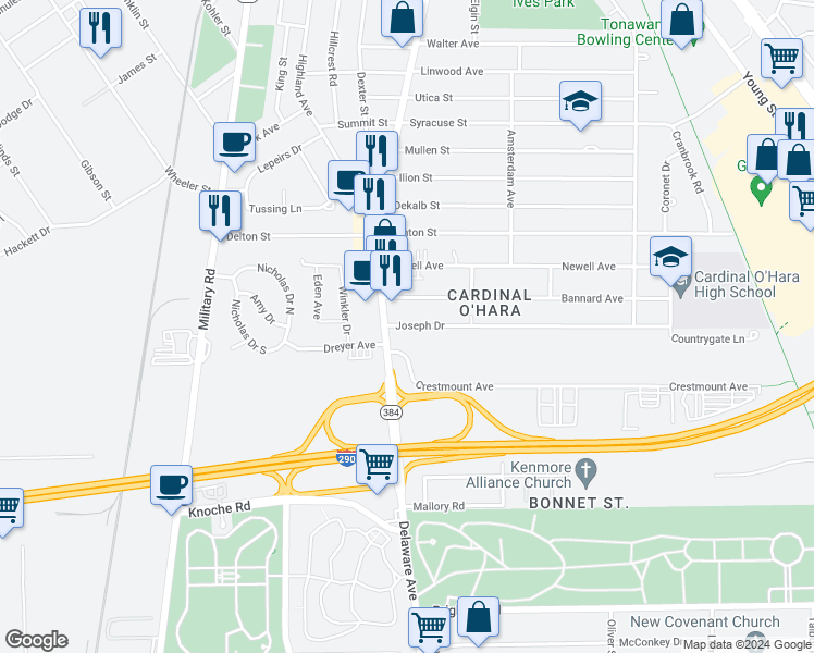 map of restaurants, bars, coffee shops, grocery stores, and more near 21 Joseph Drive in Tonawanda