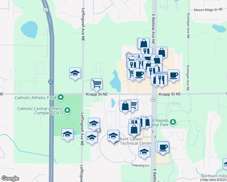 map of restaurants, bars, coffee shops, grocery stores, and more near 2967 Knapp Street Northeast in Grand Rapids