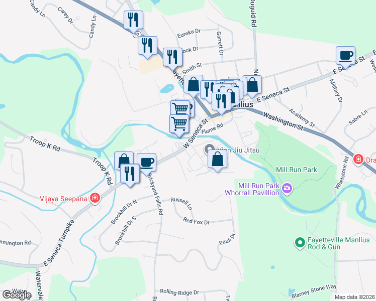 map of restaurants, bars, coffee shops, grocery stores, and more near 130 West Seneca Street in Manlius