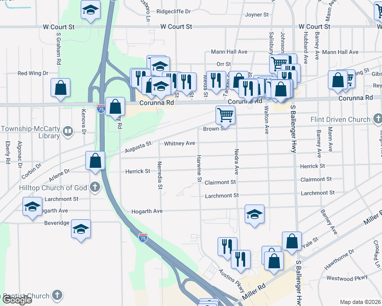 map of restaurants, bars, coffee shops, grocery stores, and more near 3234 Arlene Avenue in Flint