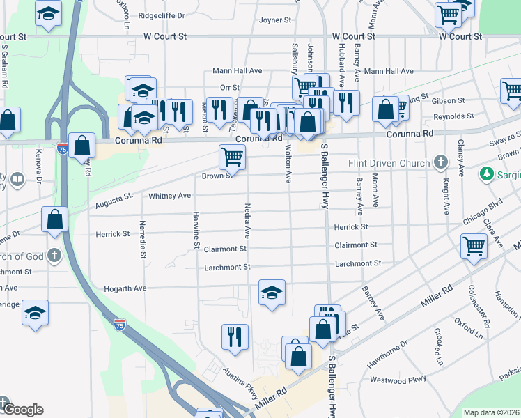 map of restaurants, bars, coffee shops, grocery stores, and more near 3918 Arlene Avenue in Flint