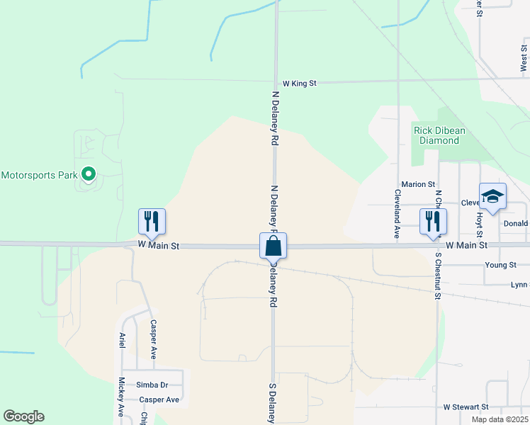 map of restaurants, bars, coffee shops, grocery stores, and more near 119 North Delaney Road in Owosso